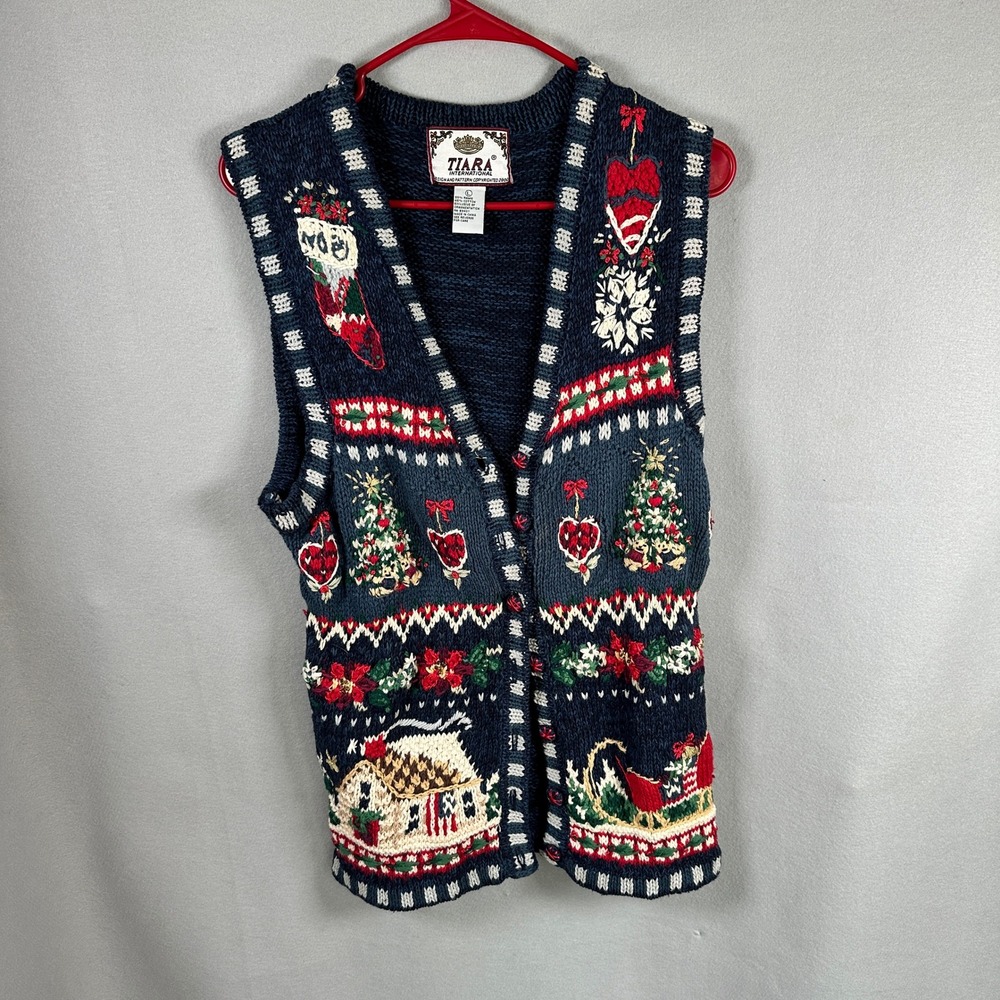 VTG Tiara International Christmas Sweater Vest Womens Large Blue Ugly Holiday